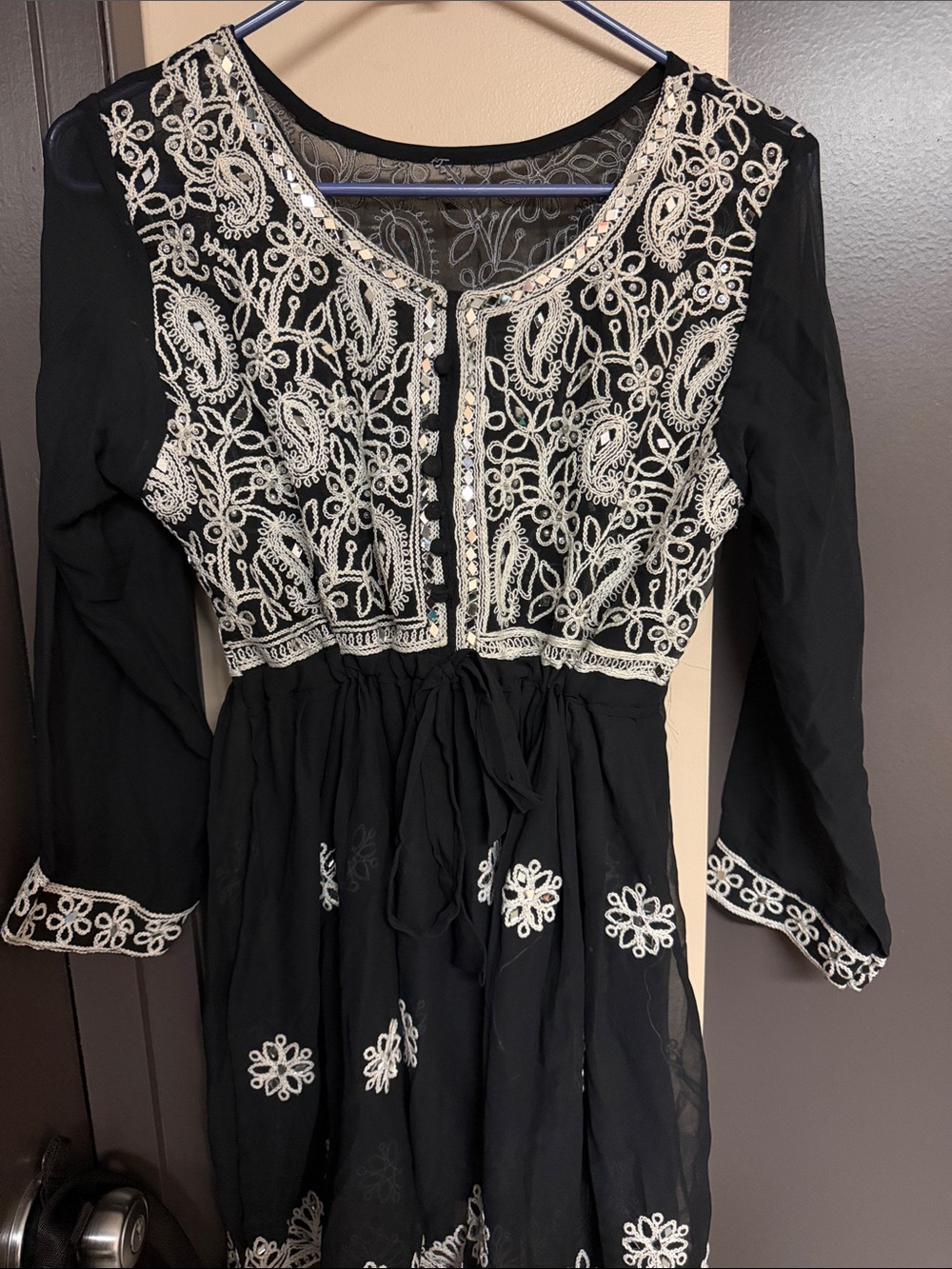 Black & White Embroidered Indian Kurti with Mirror Work